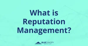 Navy blue text against a bright aqua blue background opens the upcoming paragraph with the question: "What is Reputation Management?"