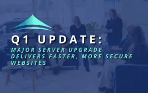 Q1 update header image with text "Q1 Update: Major Server Upgrade Delivers Faster, More Secure Websites"